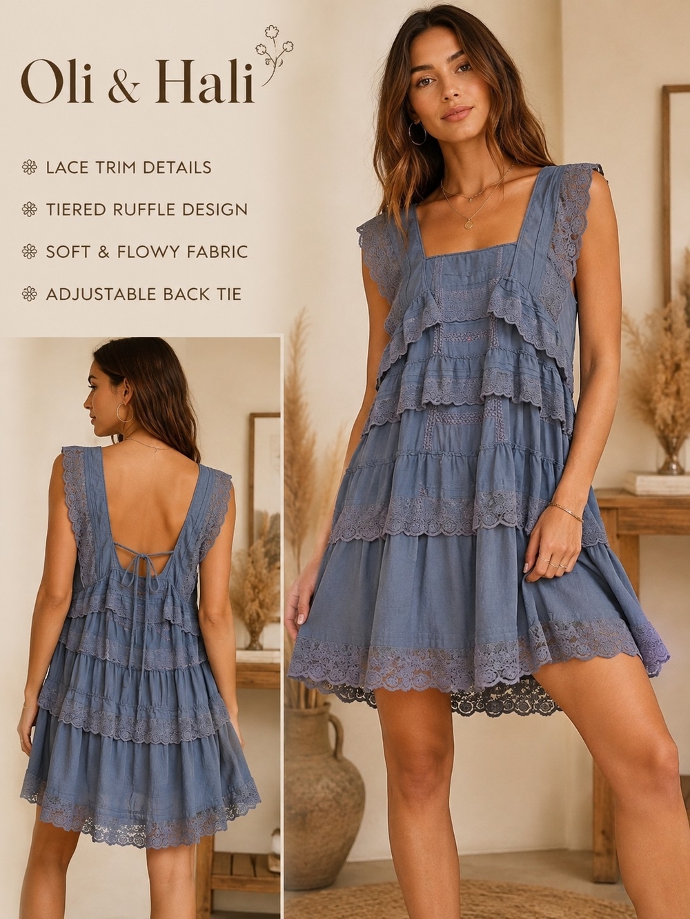 Oli & Hali Blue Lace Tiered Ruffle Dress Boho Cottagecore Sleeveless Size Small